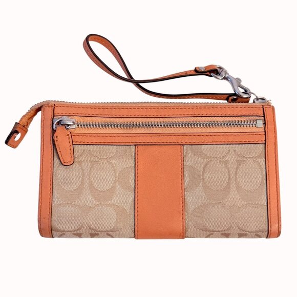 Coach Signature Canvas Leather Wristlet Wallet In Beige Peach Orange Read - Picture 2 of 16